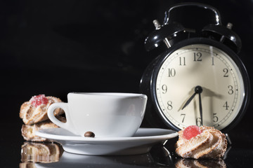 Wake up. Small white cup of Italian espresso with biscuit