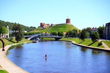 Vilnius city Neris river and Gediminas castle view