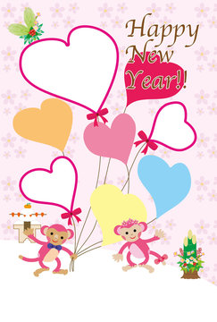 可愛いピンクの猿とハート形風船の年賀状フォトフレーム © ocplanning
