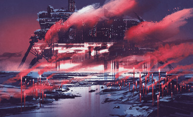 sci-fi scene of industrial city,illustration painting