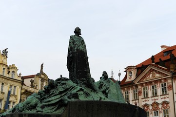 Jan Hus Memorial on Old Town Square , Stare Mesto view, Prague, Czech Republic. Erected on July 6,1915