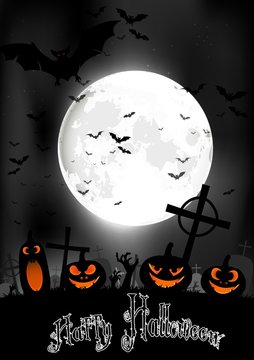 Halloween night with  pumpkins and bats on graveyard on the full moon