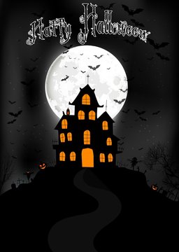 Halloween background with scary house on the full moon