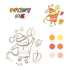 Coloring book with autumn cartoon cat.