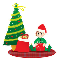 elfo tra regali e albero di natale
