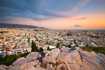 Fototapeta premium Evening view of Athens from Filopappou hill, Greece.