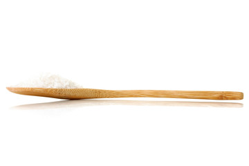 sea salt on wooden spoon isolated on white background