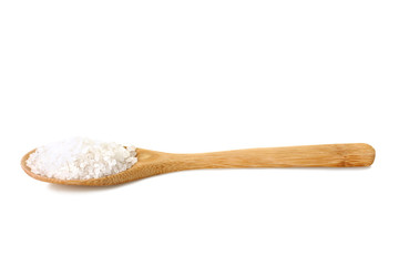 sea salt on wooden spoon isolated on white background