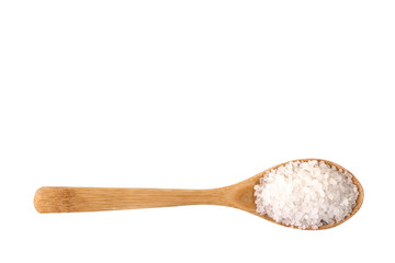 Fototapeta na wymiar sea salt on wooden spoon isolated on white background