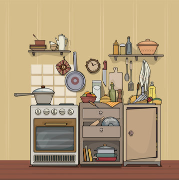 Vintage, rustic, cozy kitchen, with various utensils and items