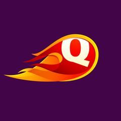 Q letter with red fire flames.