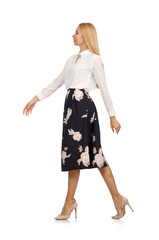 Pretty girl in black skirt with flowers isolated on white