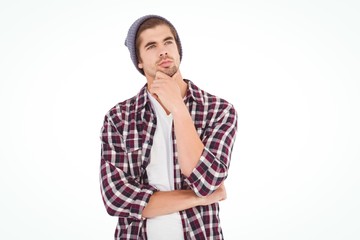 Thoughtful hipster against white background