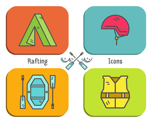 Rafting equipment flat icon, button collection.  Outdoors style