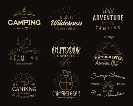 Set of retro badges and label logo graphics. Camping emblems and