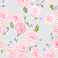  hand drawn watercolor roses and cute little flowers seamless pattern. vector illustration