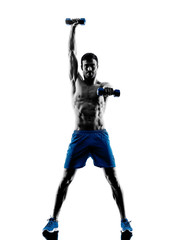 Fototapeta na wymiar man exercising fitness weights silhouette