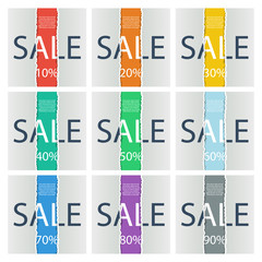 Big set of sale posters with percent discount. Torn paper. Vector illustration.
