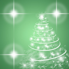 Green and white winter holidays greeting card background, with Christmas tree and shiny Christmas decorations.