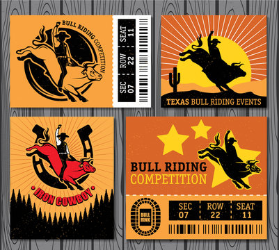Rodeo Cowboy riding a bull, Retro style Poster. 