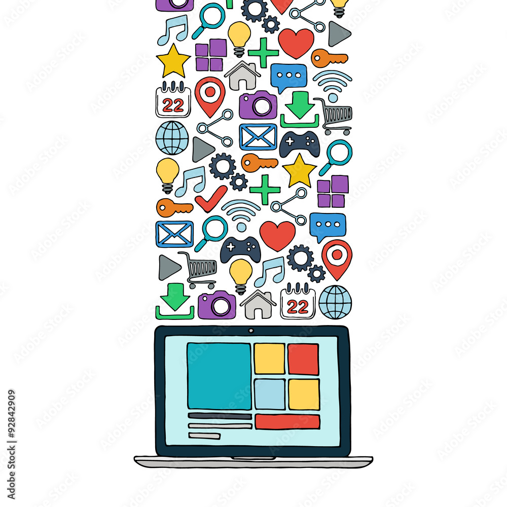 Poster hand drawn laptop with color web icons. vector illustration.
