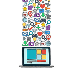 Hand drawn laptop with color web icons. Vector illustration.