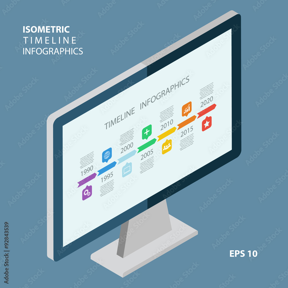 Poster Isometric timeline infographic with diagrams and text. Vector design template.