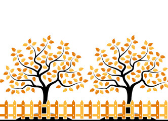 autumn trees behind fence border