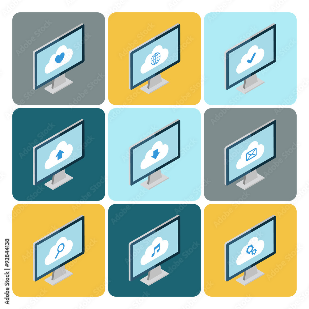 Poster Isometric cloud computing concept. Set of desktop computers with cloud icons. Vector illustration.