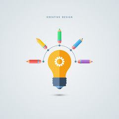 Creative graphic design concept. Light bulb and color pencils. Vector illustration.