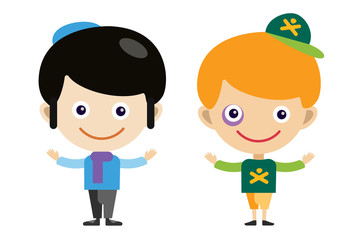Jew boy and bully cartoon vector boys in different costumes