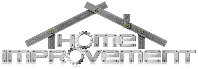 Home Improvement Symbol with Metal Gears / Metal symbol with text Home Improvement, metal gears and metal meter ruler in the shape of house. Isolated on white background