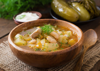 Soup with pickled cucumbers and beans in Ukrainian style