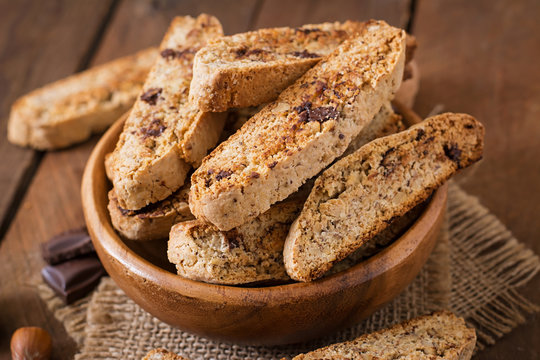 Italian biscotti cookies with nuts and chocolate chips