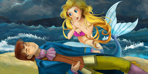 Cartoon mermaid helping prince - illustration for the children © honeyflavour