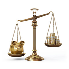Brass scales with piggy bank and coins - left down and right up - front view