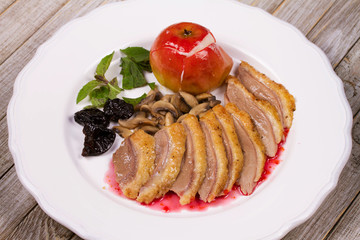 Roasted Duck Breasts with Mushroom, Apple and Plums Stuffing in Red Wine Sause