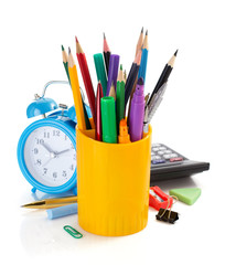 holder basket and office supplies on white