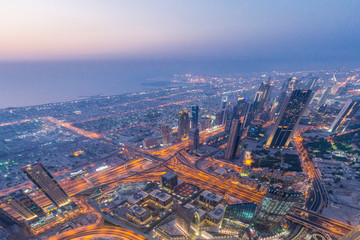 Panorama of night Dubai during sunset
