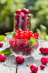 Freshly picked fruits currants cherries table