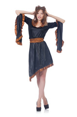 Young lady in gray dress isolated on white