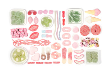 colourful jelly candies on white background 