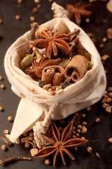 Rustic bag filled with mixed spices