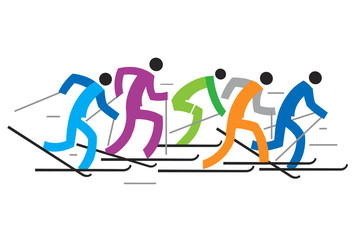 Colorful illustration of five stylized cross-country skiers. Vector  available.