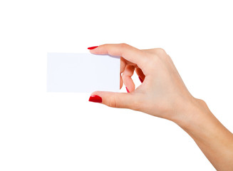 Hand businesswoman with  business card.