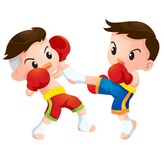 Fototapeta na wymiar Cute Thai boxing kids fighting actions kick strike