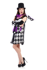 Pretty girl in jester costume isolated on white