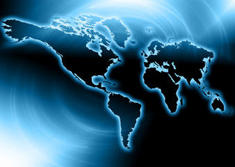 World map on a technological background, glowing lines symbols