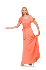 Young woman in pink romantic dress isolated on white