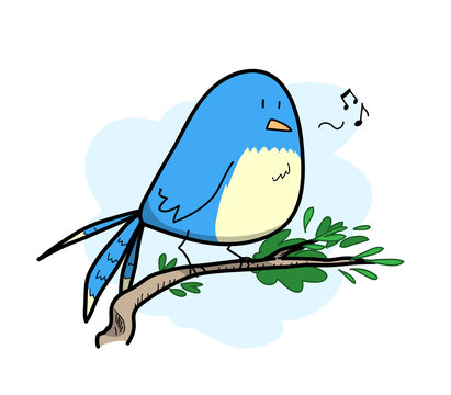 Cute Bird Singing, a hand drawn vector illustration of a bird standing on a twig, singing happily, isolated on a simple light blue-colored background (editable).